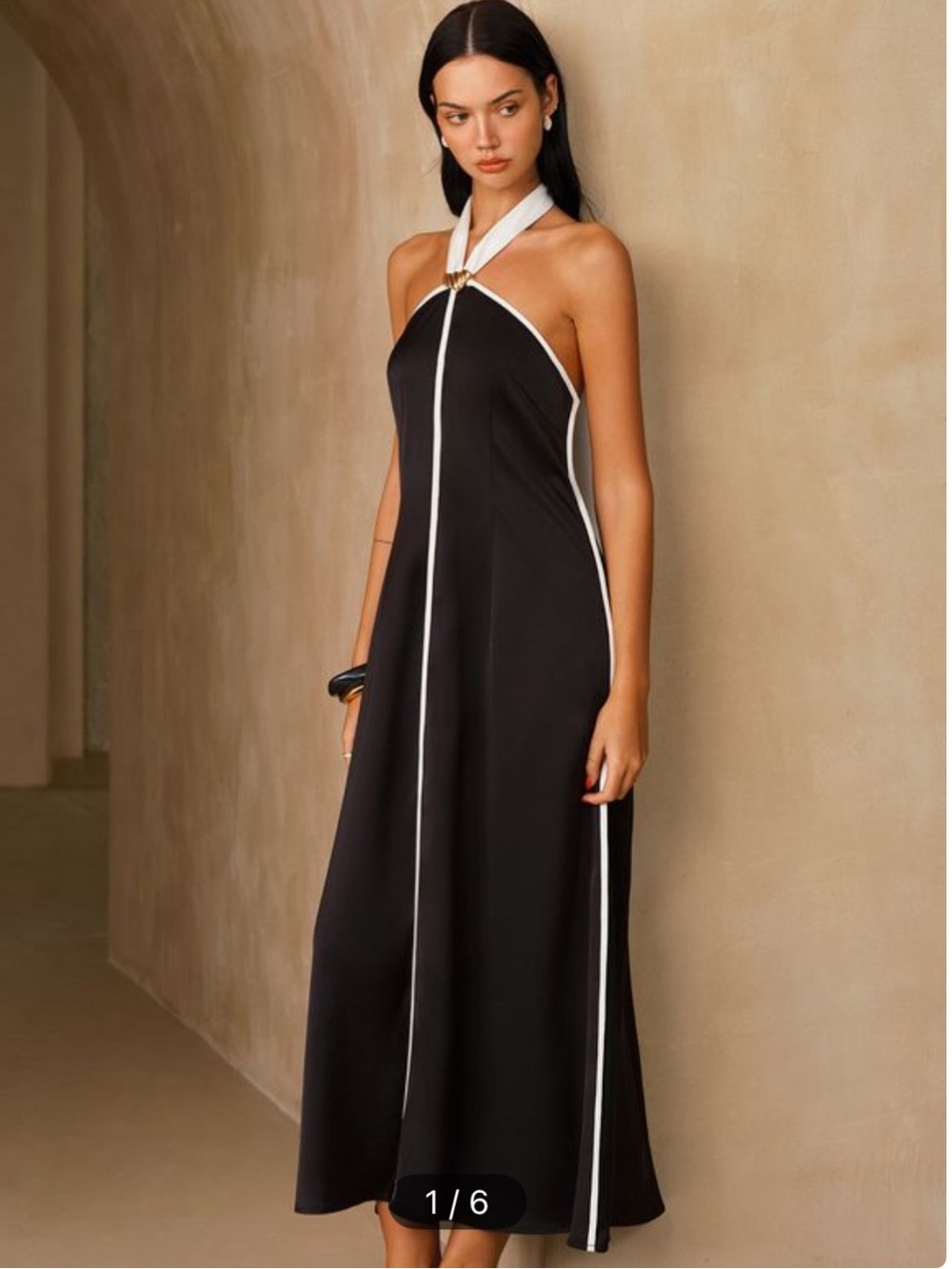 Commense Satin Contrast Trim Halter Midi Dress - Black